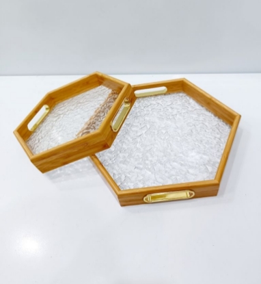 صورة طقم صينية تقديم سداسي خشبي 2 قطع 935-1