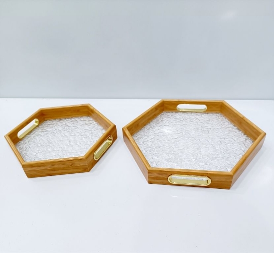 صورة طقم صينية تقديم سداسي خشبي 2 قطع 935-1