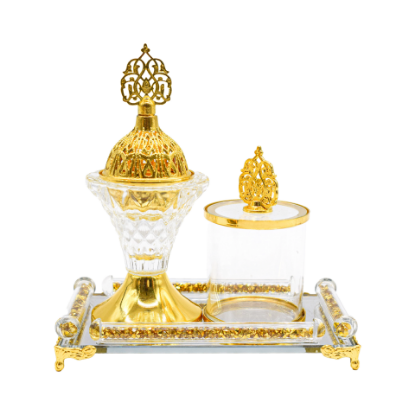 صورة طقم مبخرة مع علبة البخور والصينية ذهبي XM-24