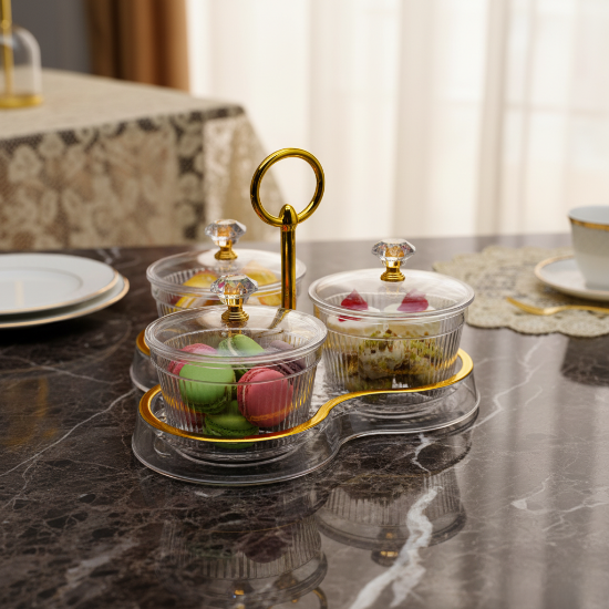 طبق تقديم حلوبات ذهبي بثلاث خانات فاخر