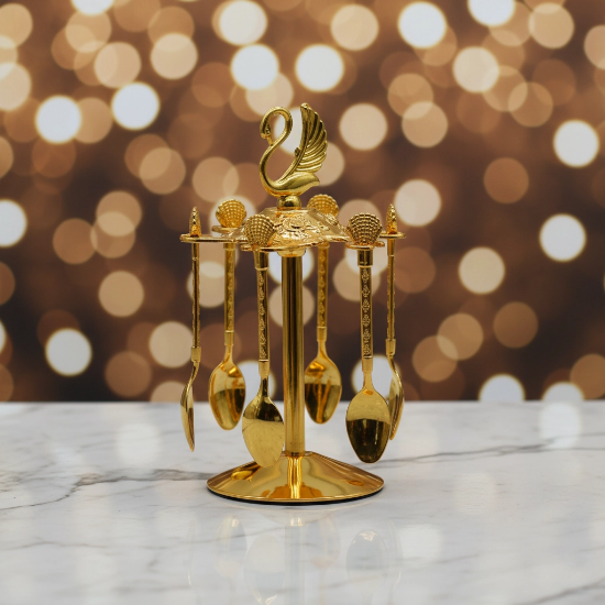 صورة طقم حامل ملاعق ذهبي مع 6 ملاعق