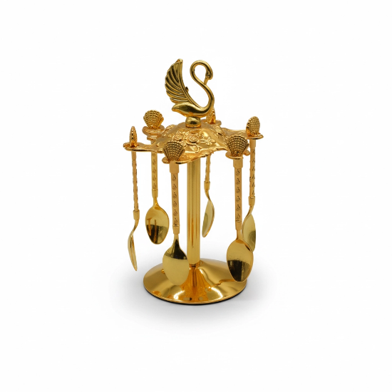 صورة طقم حامل ملاعق ذهبي مع 6 ملاعق