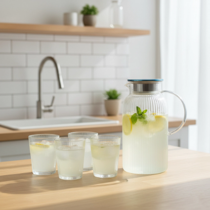 صورة طقم جيك عصيرزجاج شفاف مع 6 اكواب مقلم