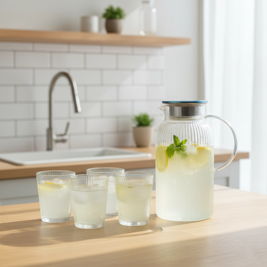 صورة طقم جيك عصيرزجاج شفاف مع 6 اكواب مقلم