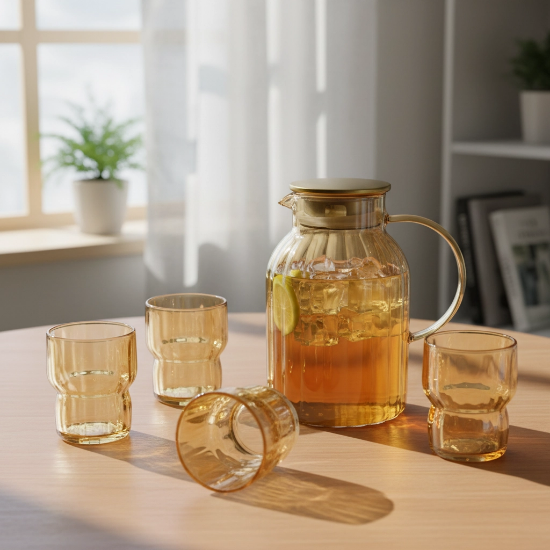 صورة طقم جيك عصير شفاف ذهبي مع 4 اكواب
