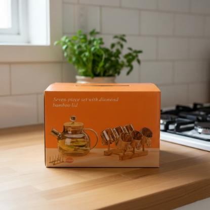 صورة إبريق شاي زجاجي بغطاء خشبي