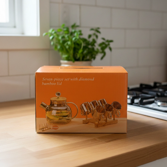 صورة إبريق شاي زجاجي بغطاء خشبي