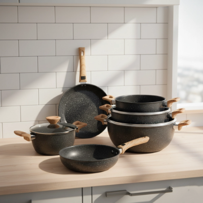 صورة طقم قدور جرانيت بمقبض خشبي 9 قطع