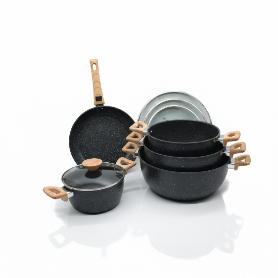 صورة طقم قدور جرانيت بمقبض خشبي 9 قطع