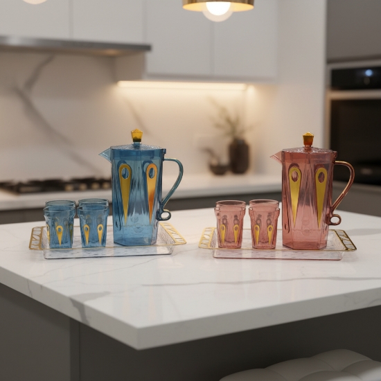 صورة طقم جيك شفاف مع 4 اكواب وصينية التقديم H9-98002-4