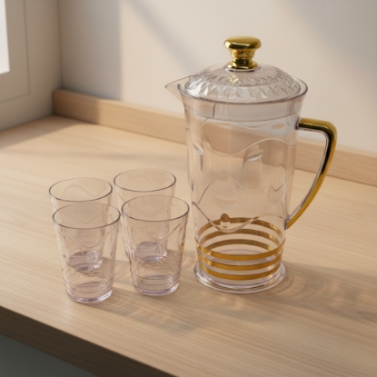 صورة طقم جيك عصير بلاستيك مع 4 اكواب بمقبض ذهبي بخطوط ذهبية H2123
