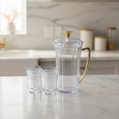 صورة طقم جيك عصير بلاستيك مع 4 اكواب بمقبض ذهبي H2025