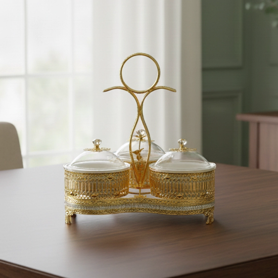 صورة طقم تقديم حلويات بشيال ذهبي 3 خانات