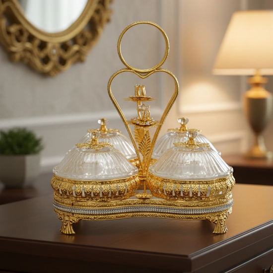 صورة طقم تقديم حلويات بشيال ذهبي 4 خانات