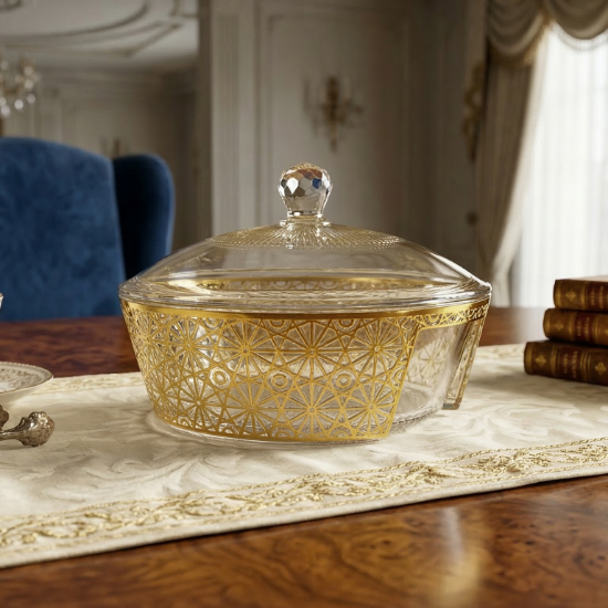 صورة وعاء فواكة و حلويات مذهب مع غطاء كبير