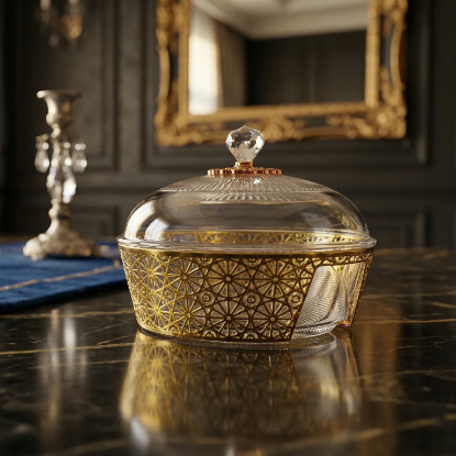 صورة وعاء فواكة و حلويات مذهب مع غطاء وسط