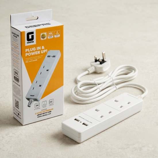 صورة توصيلة كهربائية جيباس 2 متر , 2 منافذ و USB موديل GES58184