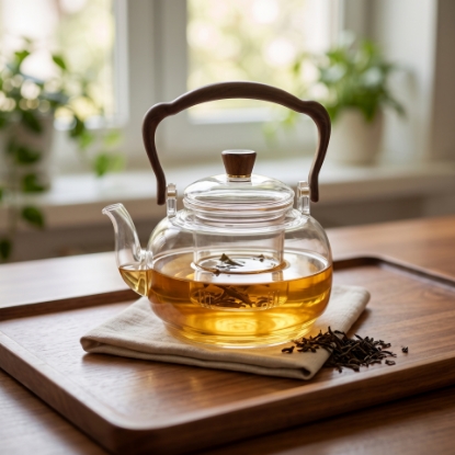 صورة إبريق شاي بمقبض علوي ومصفاة مدمجة